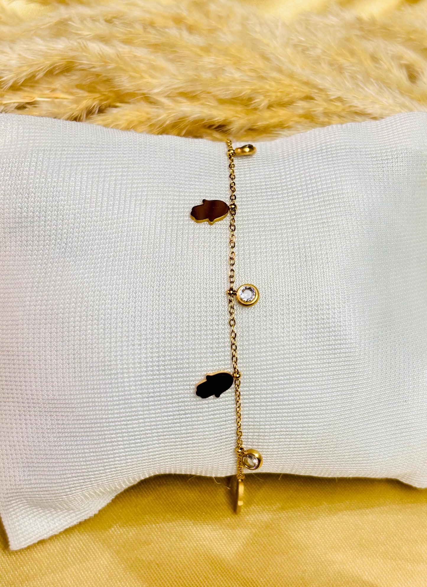 Delicate Stone & Leaf Charm Chain Bracelet