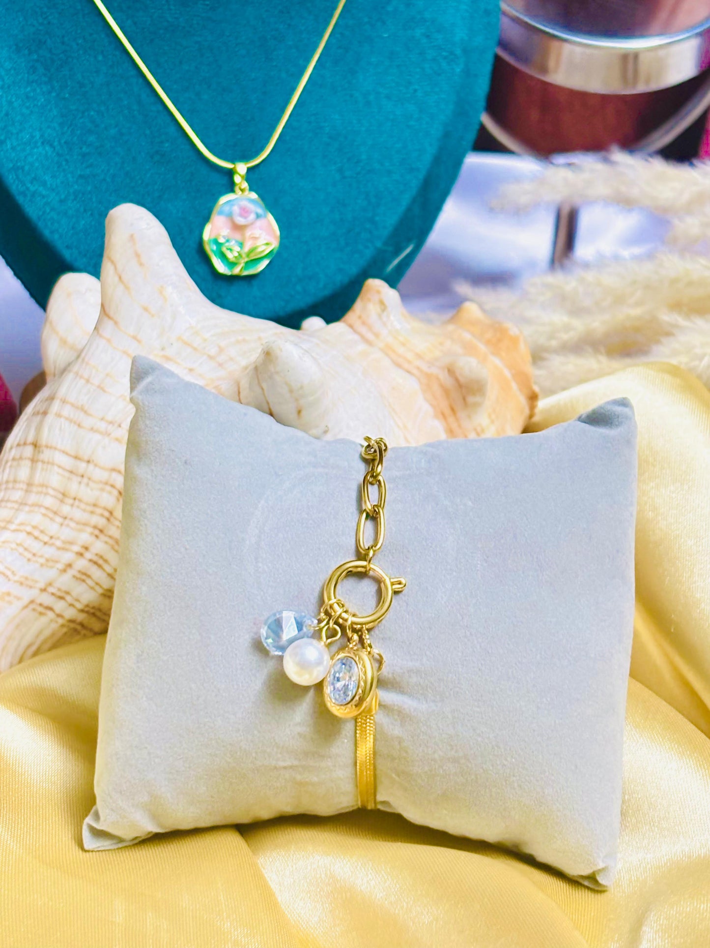 Adjustable Elegance Duo chain Pearl and Stone Bracelet