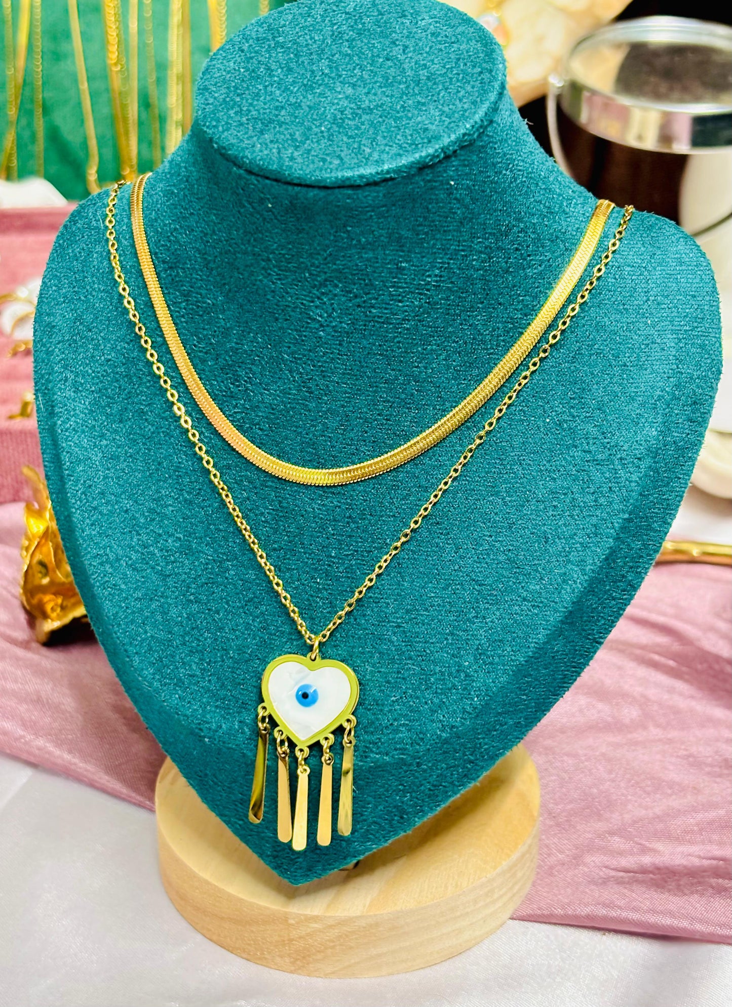 Elysian Shield-Double Layer Chain with Evil Eye Pendant with Earrings Set