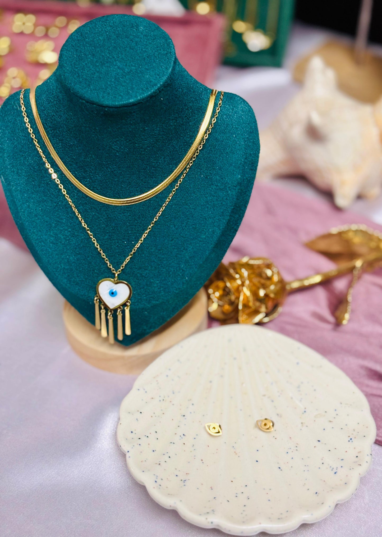 Elysian Shield-Double Layer Chain with Evil Eye Pendant with Earrings Set