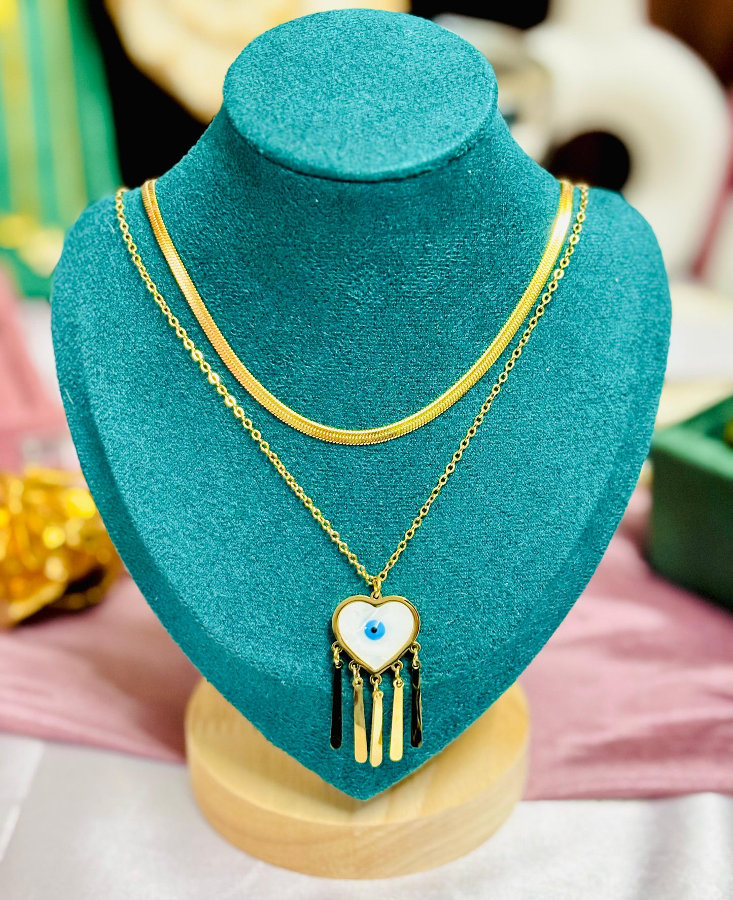 Elysian Shield-Double Layer Chain with Evil Eye Pendant with Earrings Set