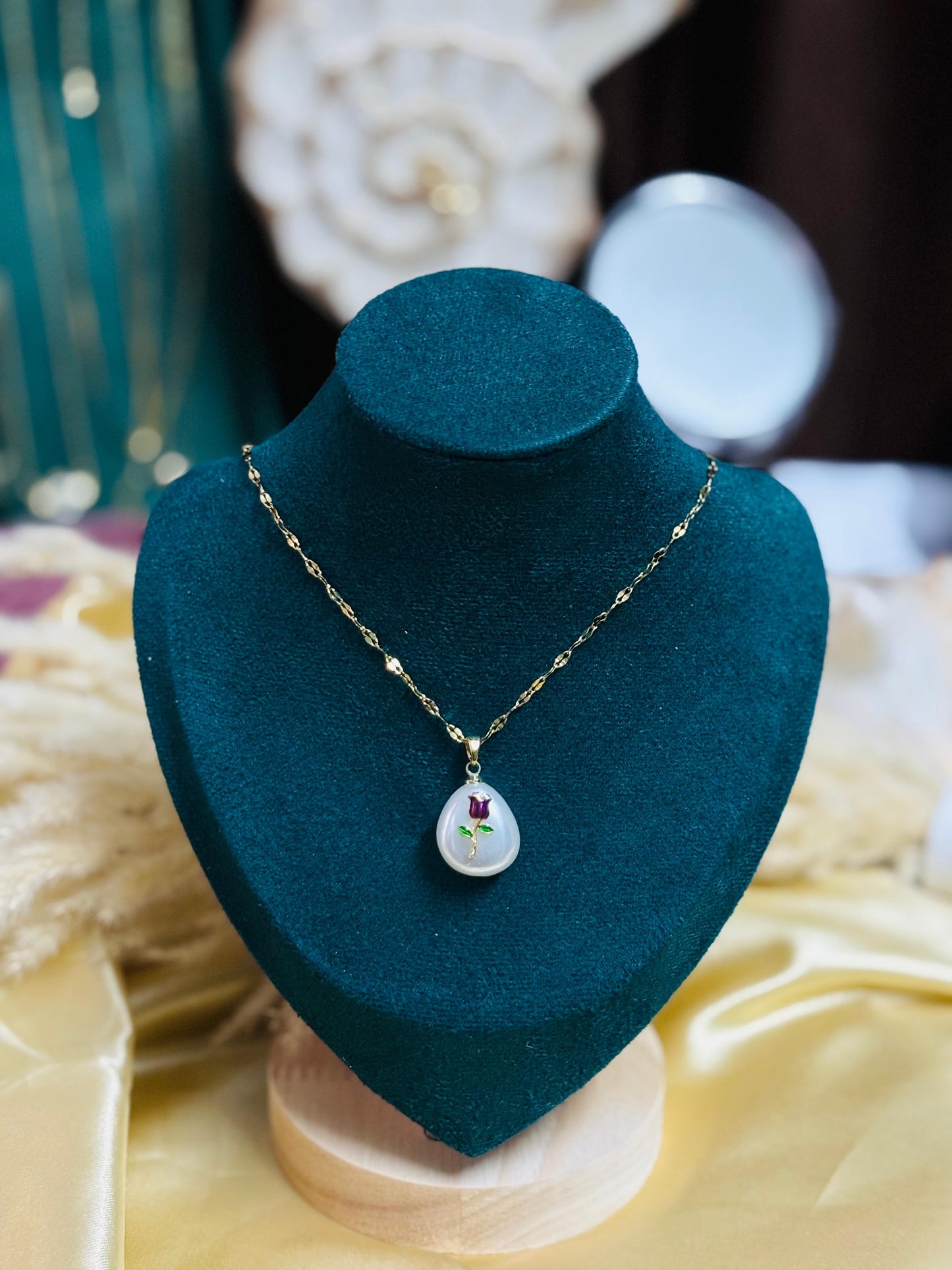 Rose Embrace Pearl Drop Pendant Chain