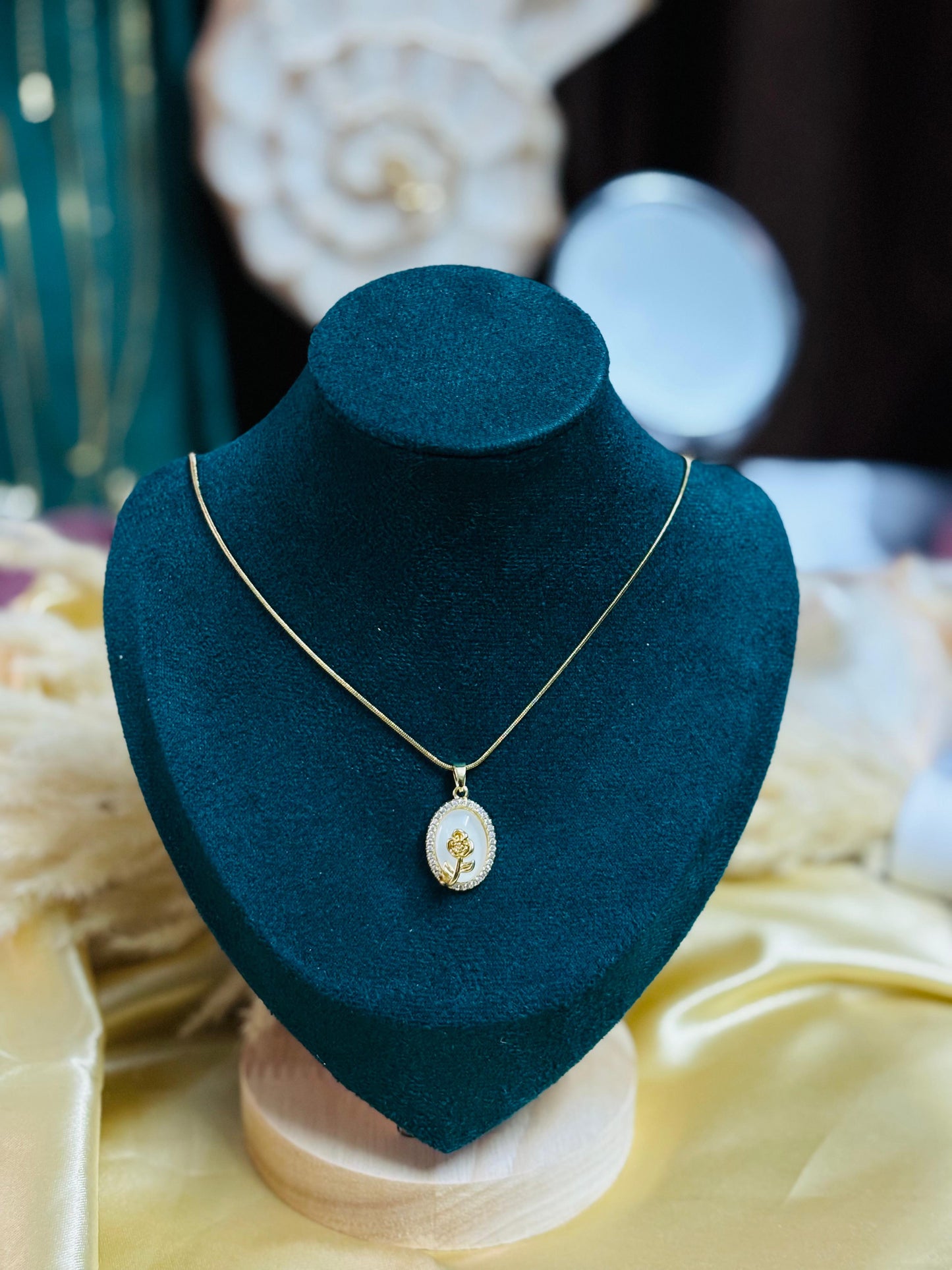 Radiant Gold Rose Oval Pendant Chain