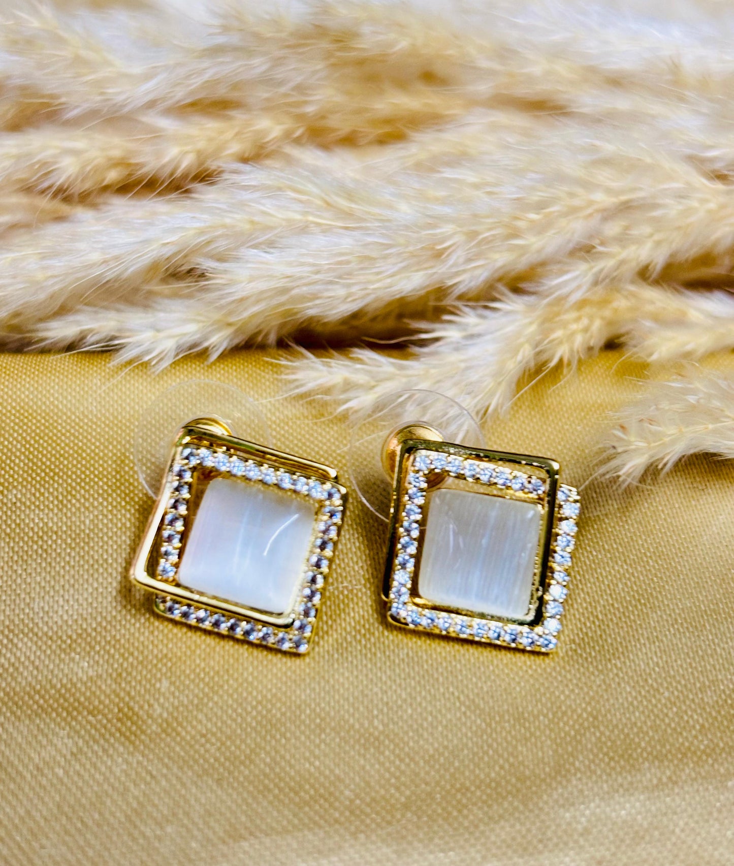 Luxe Square Dual-Tone Diamond Earrings with 18K Gold Plating
