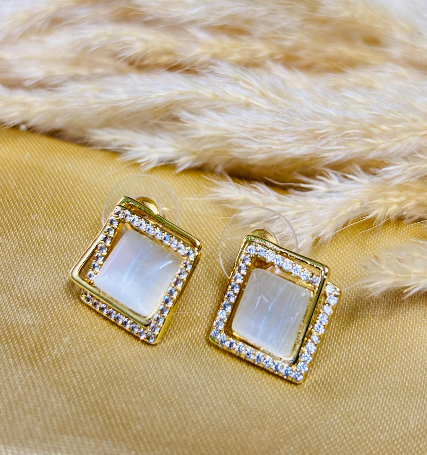 Luxe Square Dual-Tone Diamond Earrings with 18K Gold Plating