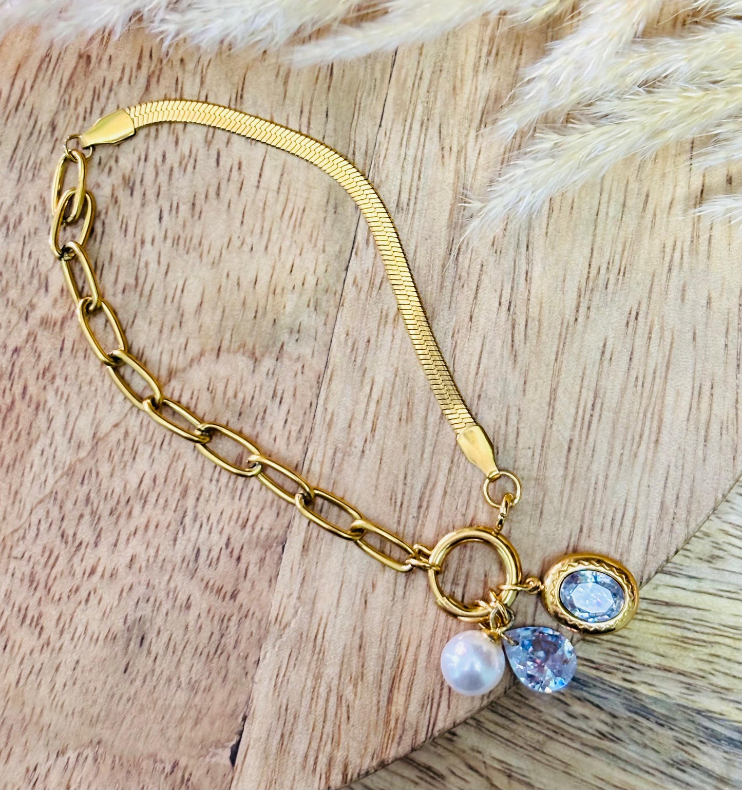 Adjustable Elegance Duo chain Pearl and Stone Bracelet